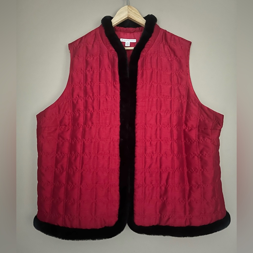 {JM Collection} Quilted Faux Fur Trim Vest in Red & Black - Womens 22W